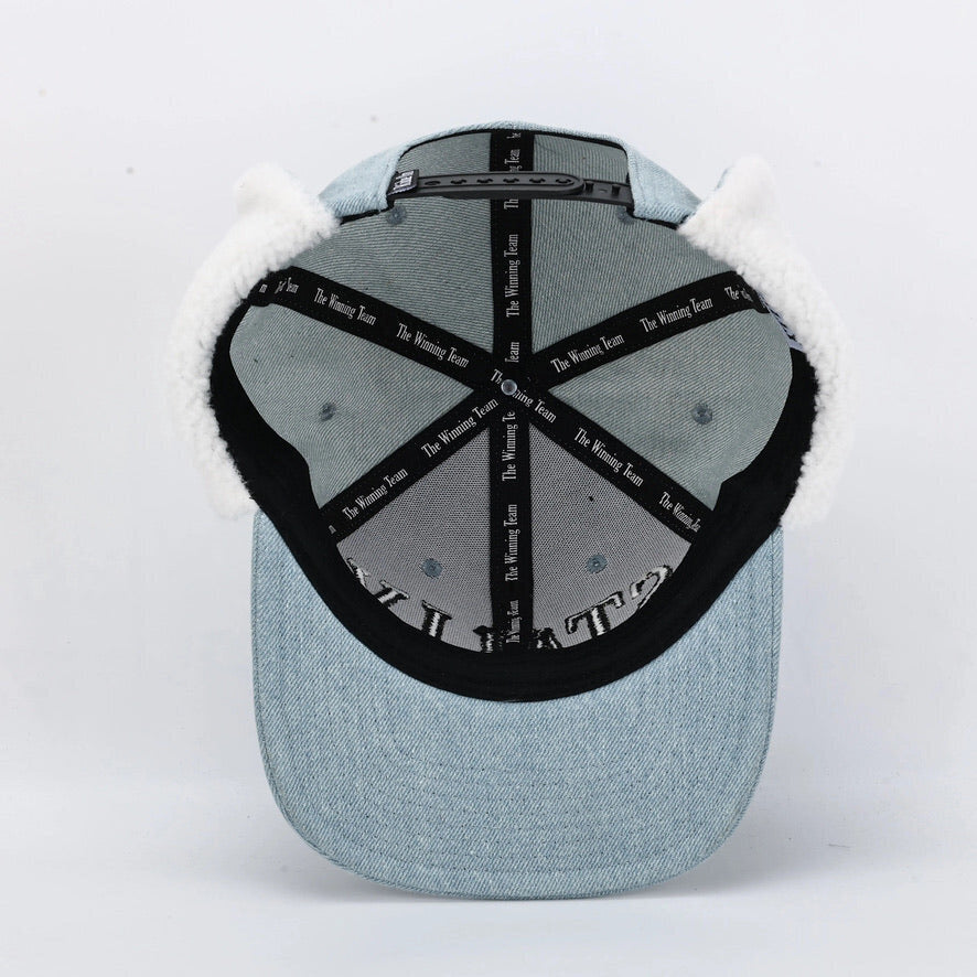 Stally Denim Trapper Hat Being Worn Outdoors in Fall