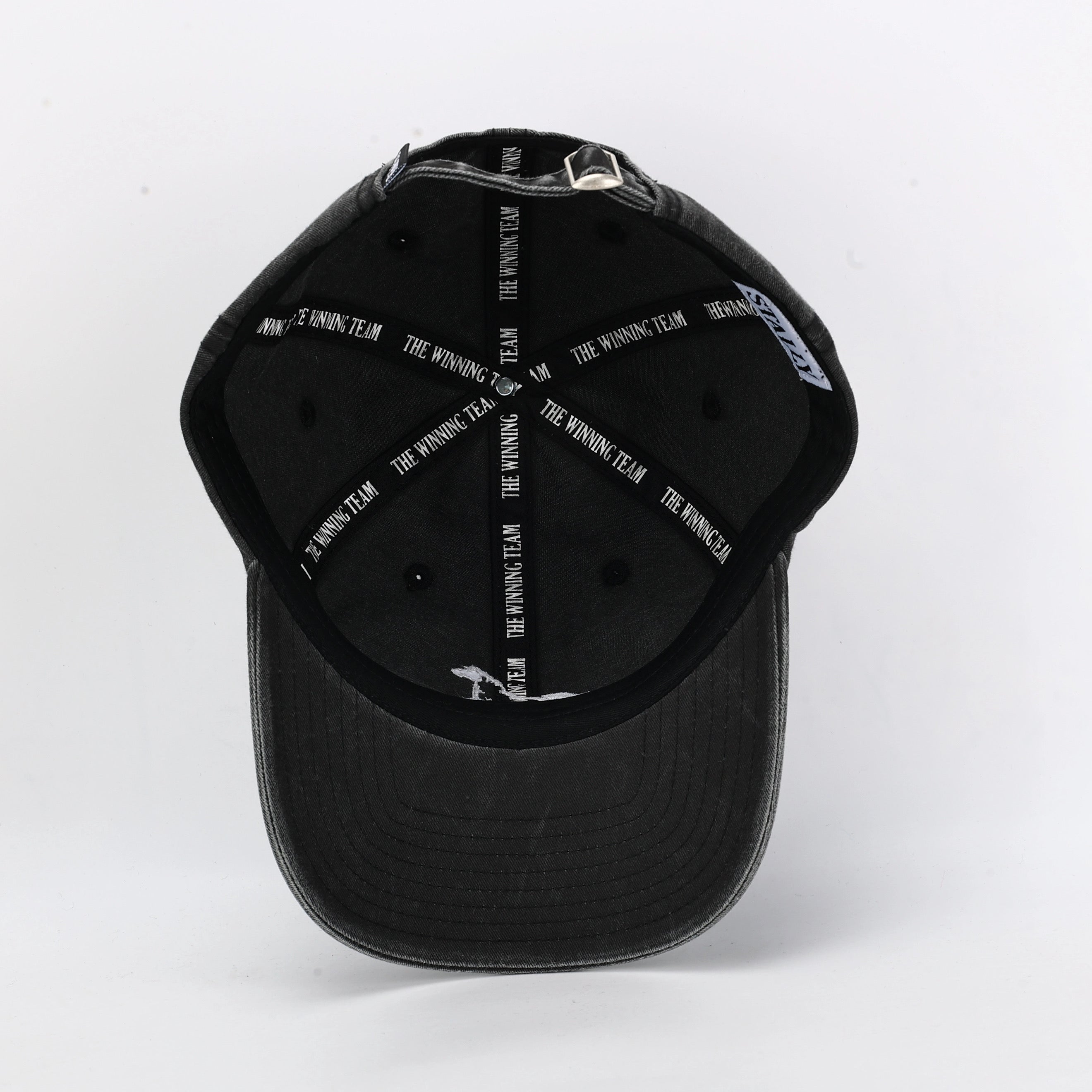 Stally Brand Charcoal Denim Hat Embroidered Logo Close Up