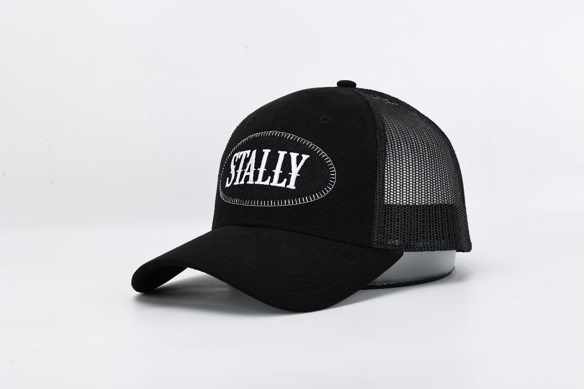 Stally Brand Black Trucker Hat with Embroidered Logo Front View