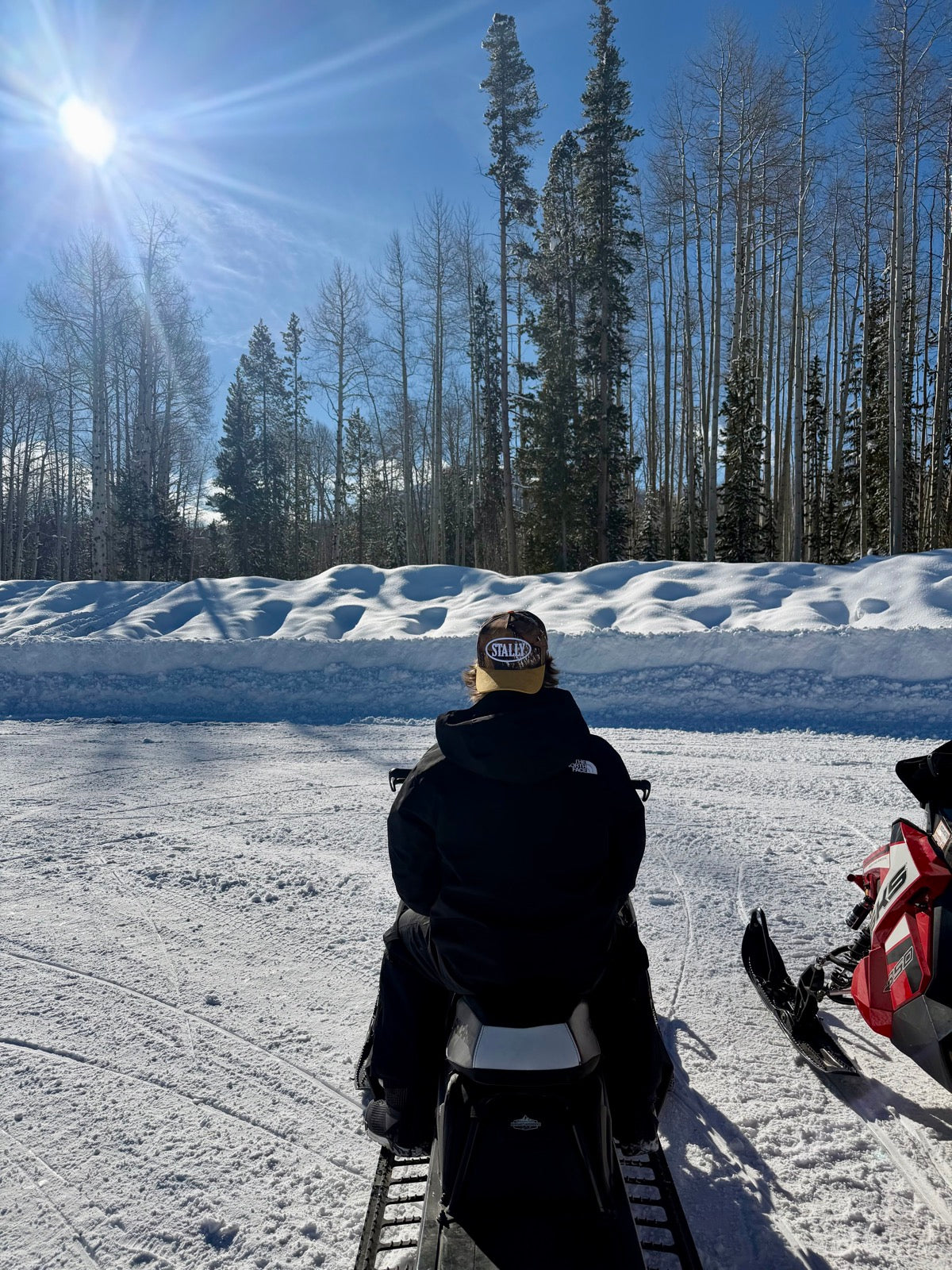 Man sitting on a snowmobile wearing Camo STALLY Hat backwards.