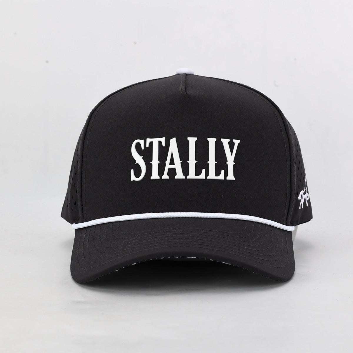 Black cap with 'STALLY' branding on a light gray background