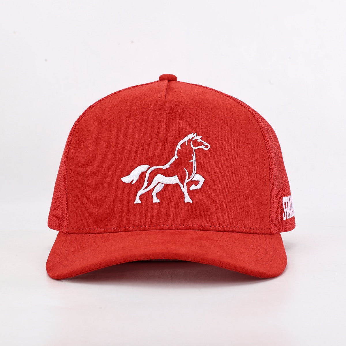 Red cap with a white horse logo on a light gray background