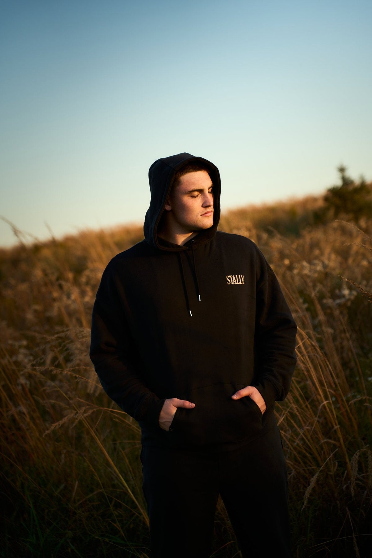 STALLY Men's Draft: Draft Hoodie in Coal Black on model