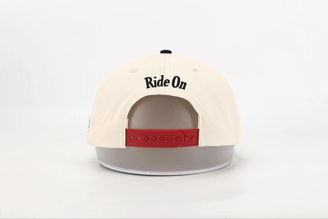 White cap with 'Ride On' text and red band on a white background