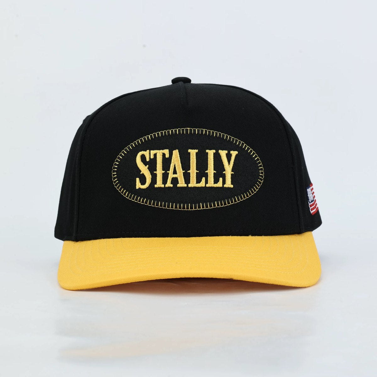 Black and gold Stally hat, front view