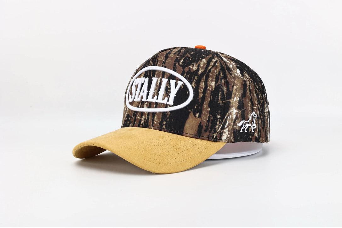 Camo Stally Brand Western Snapback Hat with Hunter Orange Accents Front View