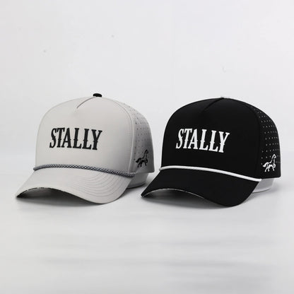 Two baseball caps with 'STALLY' branding on a light gray background. Performance hats. Golf hats.
