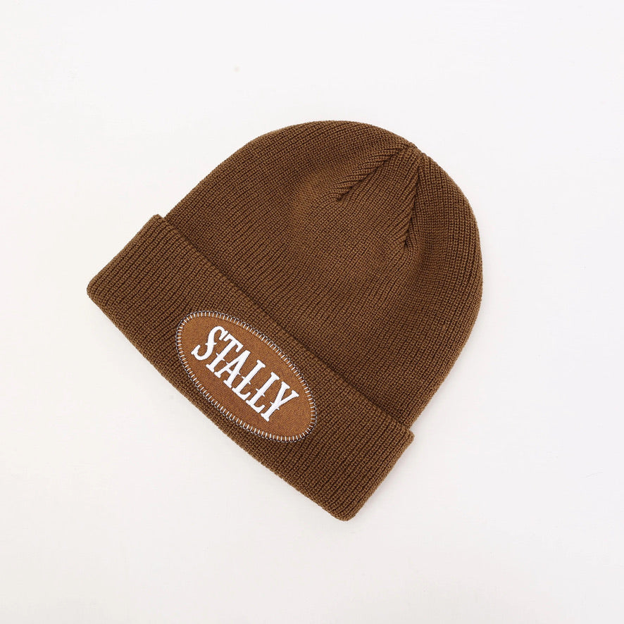 Brown beanie with 'STALLY' logo on a white background