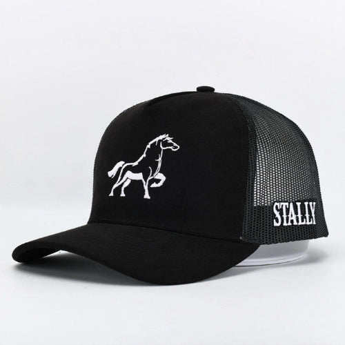 Black cap with horse logo and 'STALLY' text on a light gray background