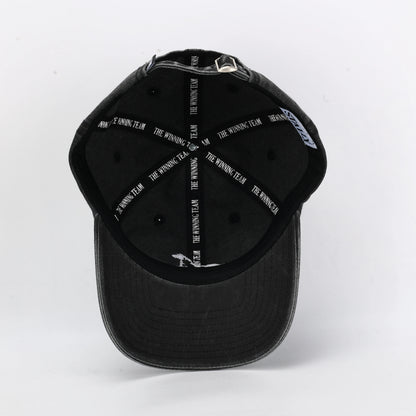 Stally Brand Charcoal Denim Hat Embroidered Logo Close Up