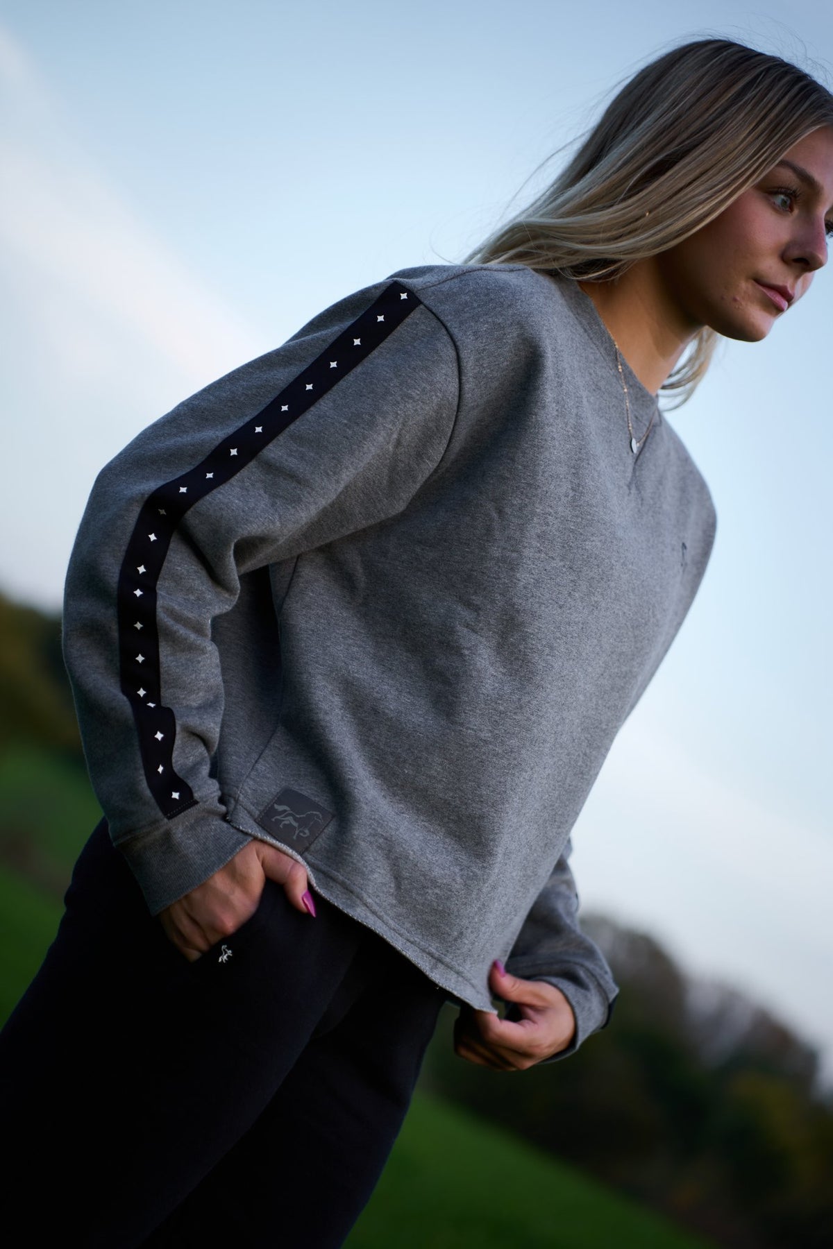 STALLY Range Womens Boxy Crew in Grey Heather on model