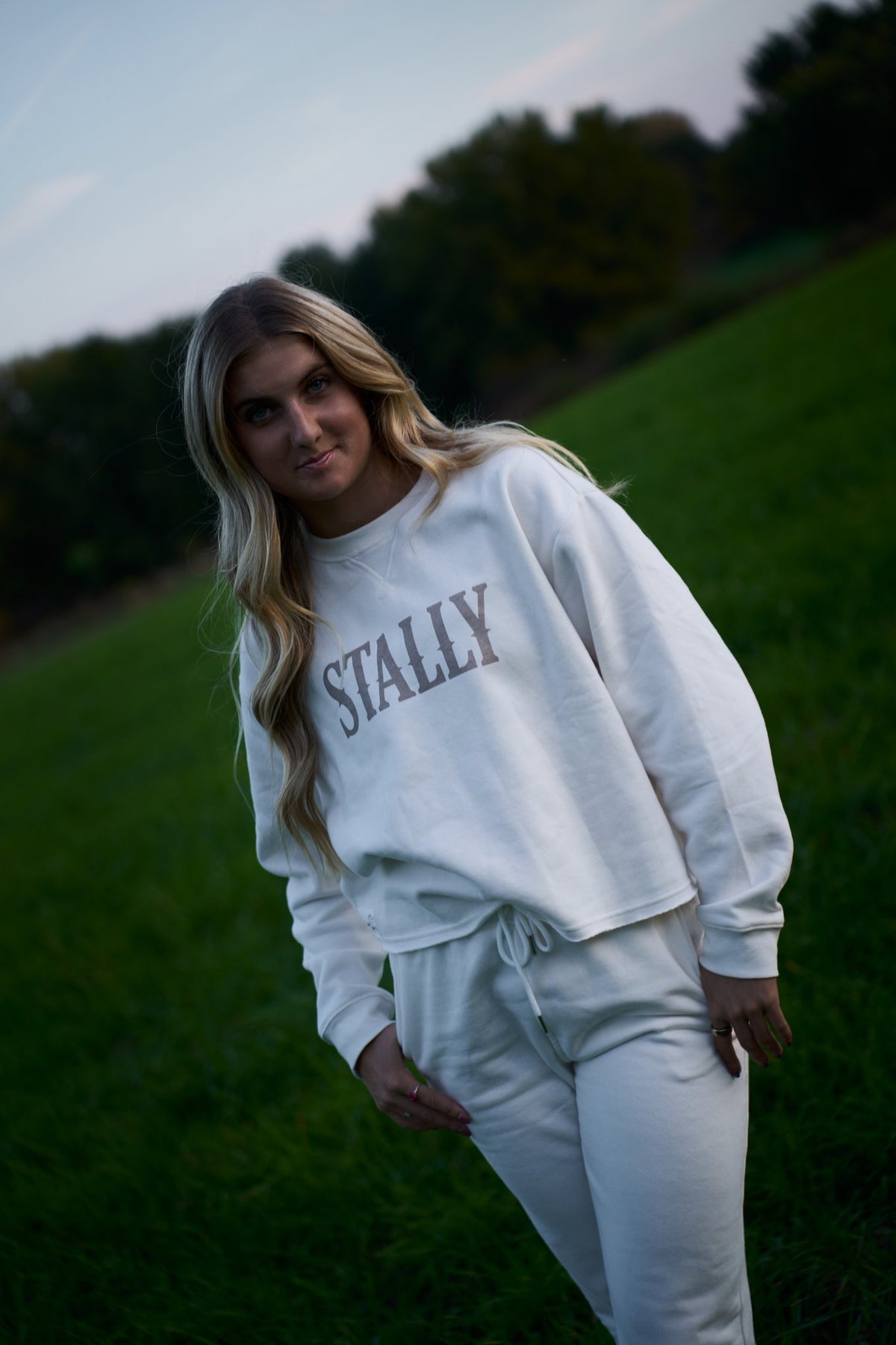 STALLY Range Womens Boxy Crew in Chalk White on model