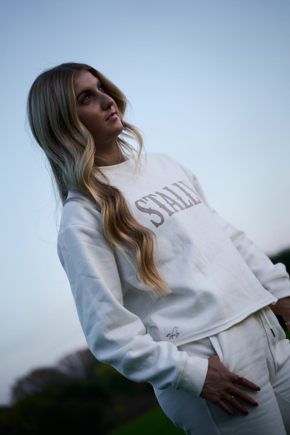 STALLY Range Womens Boxy Crew in Chalk White on model