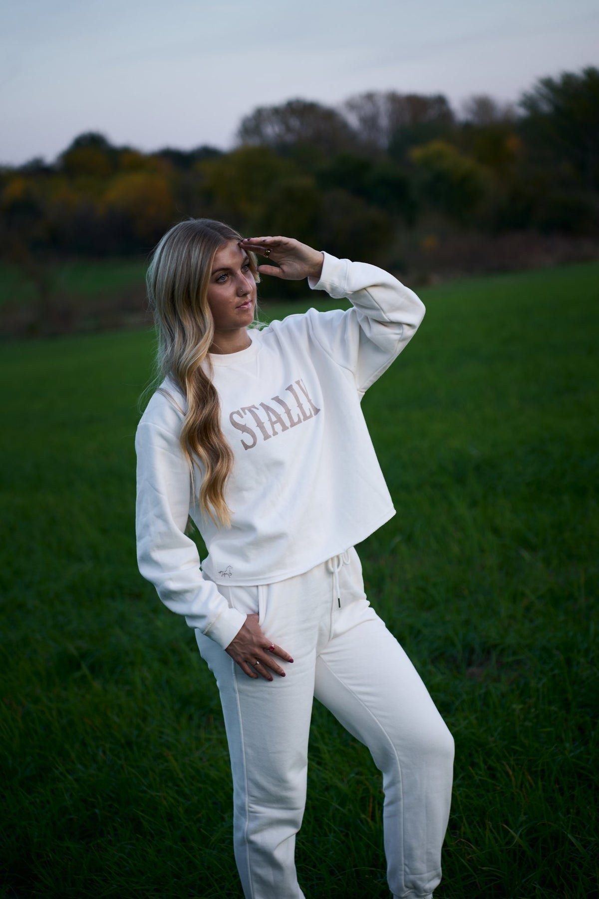 STALLY Range Womens Boxy Crew and Range Womens Jogger in Chalk White on model