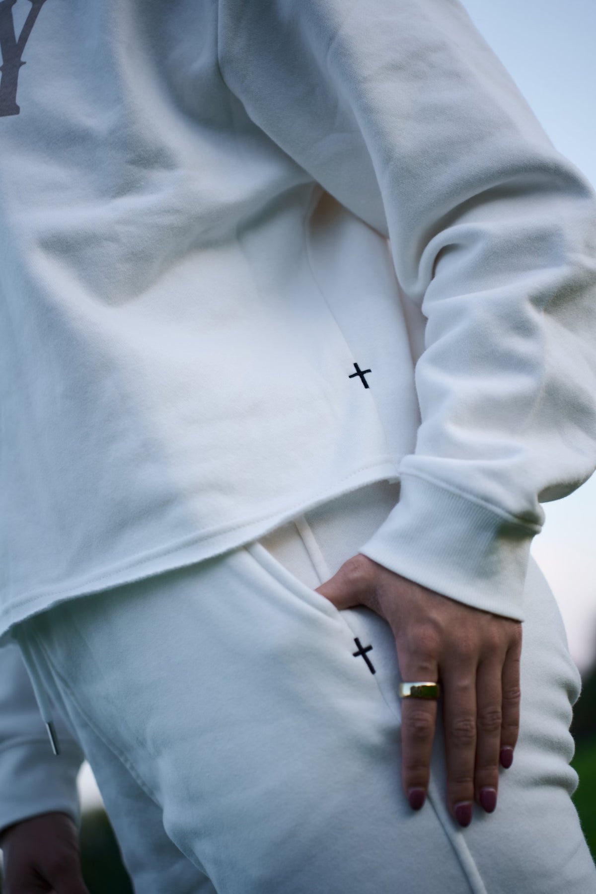 STALLY Range Womens Boxy Crew and Range Womens Jogger in Chalk White on model