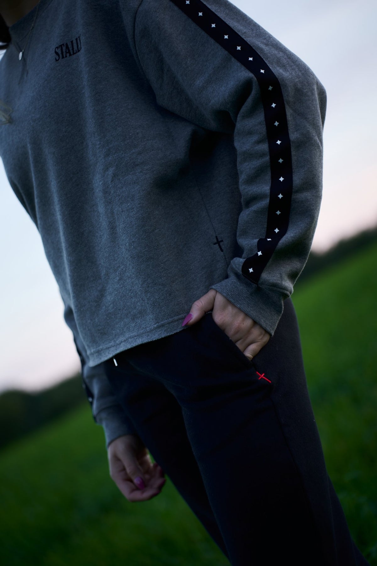 STALLY Range Womens Boxy Crew in Grey Heather with Range Womens Straight Leg in Coal Black on model