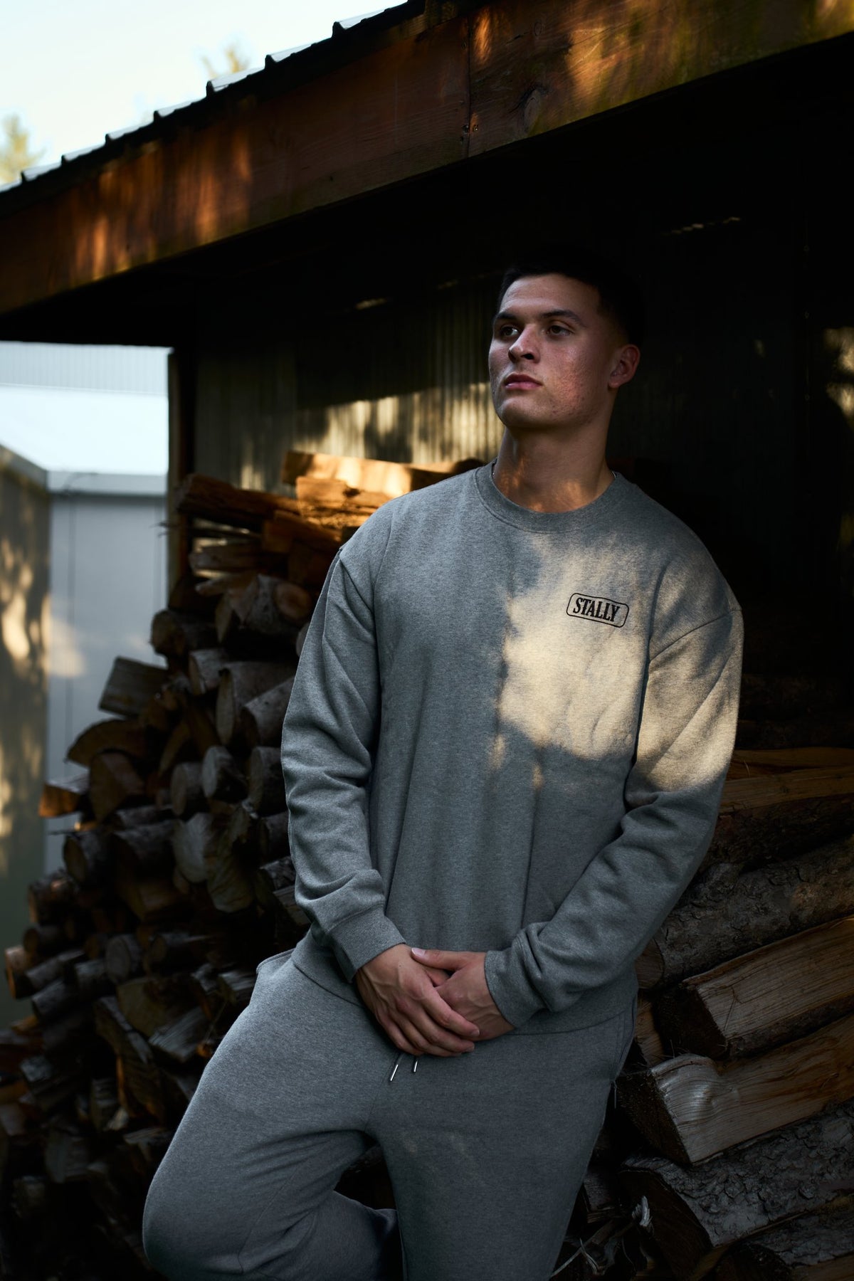 STALLY Range Crew and Range Mens Jogger in Grey Heather on model