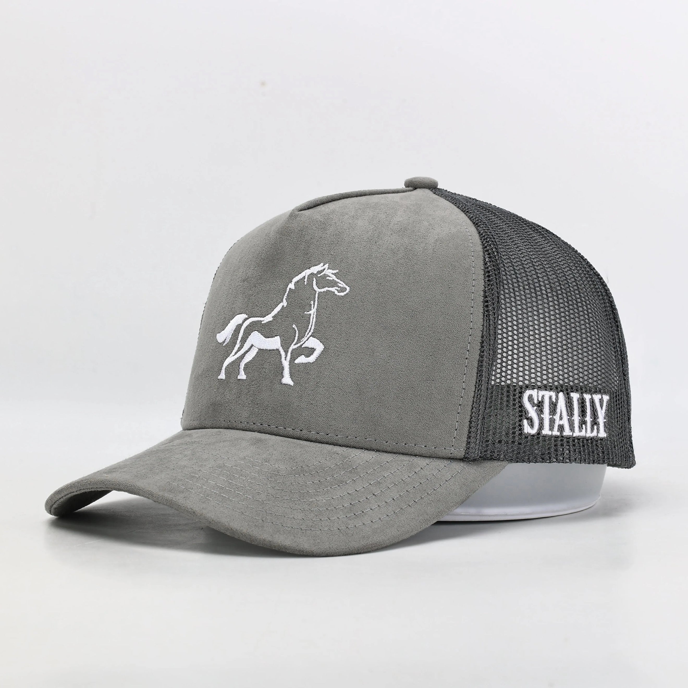 Gray cap with horse logo and 'STALLY' text on a light gray background