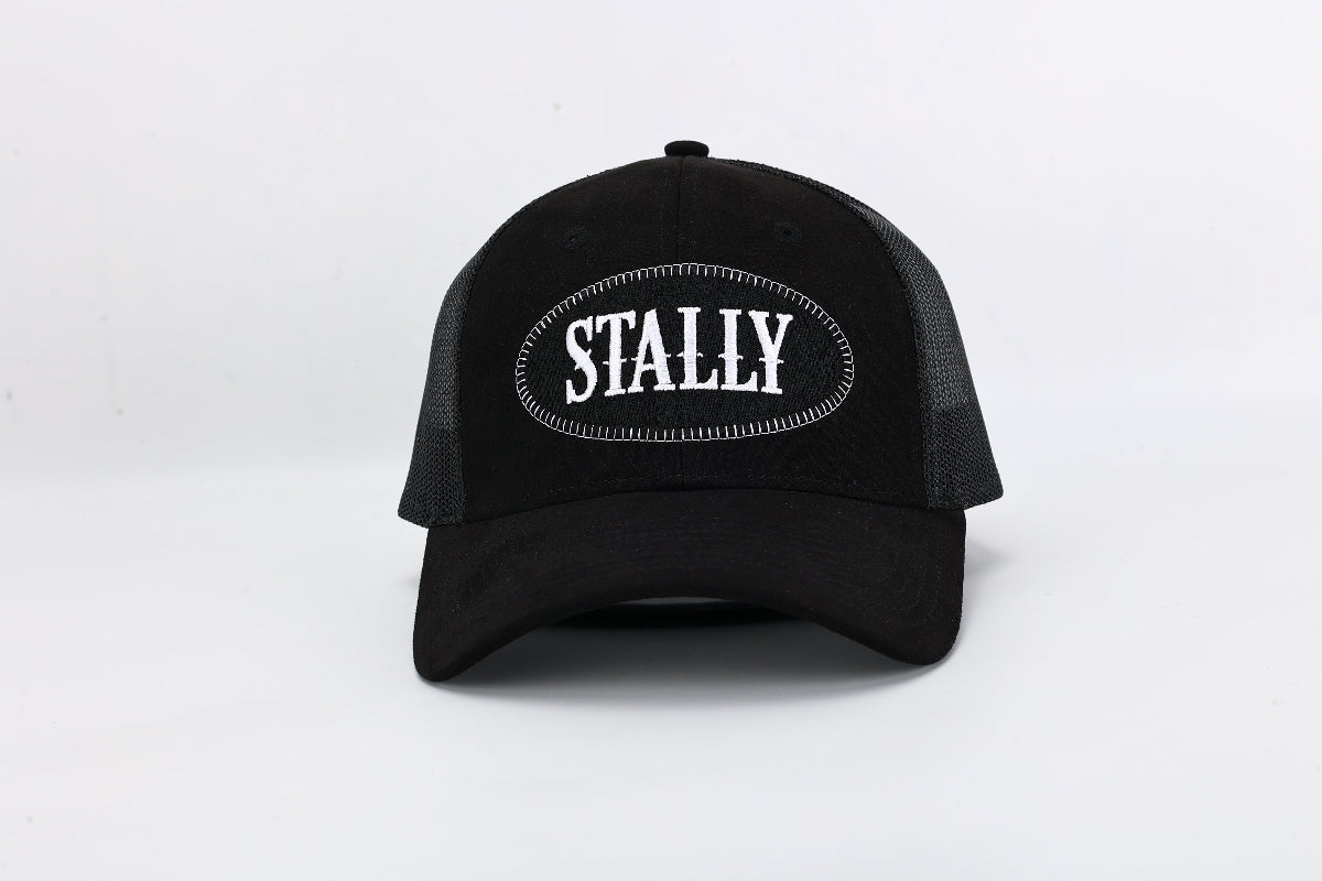 Stally Black Trucker Cap Side Profile Showing Mesh Back