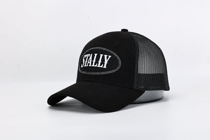Stally Brand Black Trucker Hat with Embroidered Logo Front View