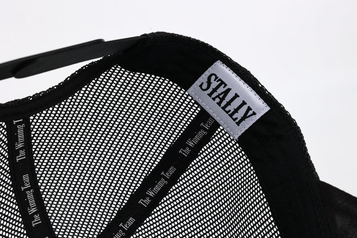 Stally Brand Black Western Trucker Hat Logo Embroidery Close Up