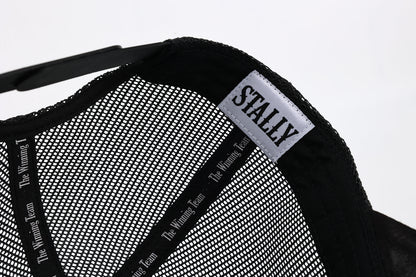 Stally Brand Black Trucker Hat Logo Embroidery Close Up