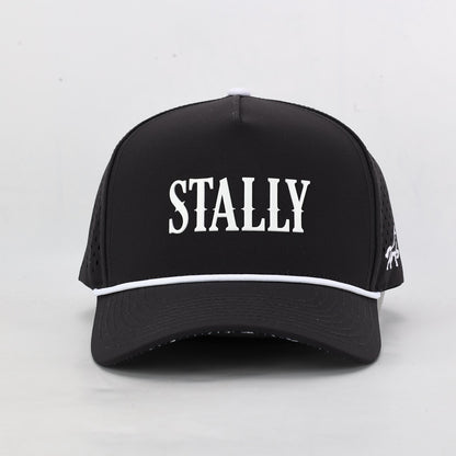 Black cap with 'STALLY' branding on a light gray background