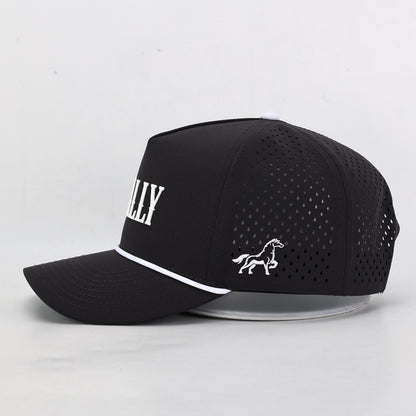 Black cap with white text and horse icon on a light gray background