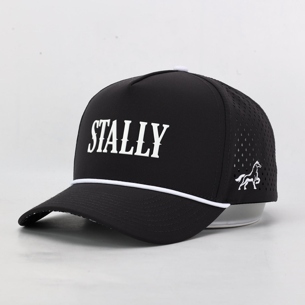 Black cap with 'STALLY' branding and a horse logo on a light gray background