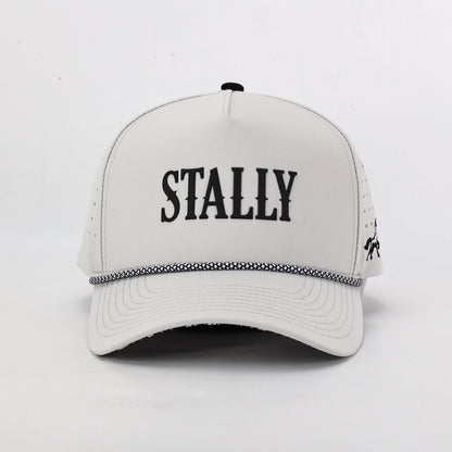 White cap with 'STALLY' text on a light gray background