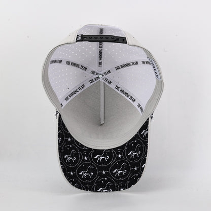 Baseball cap with patterned front and white back on a light gray background