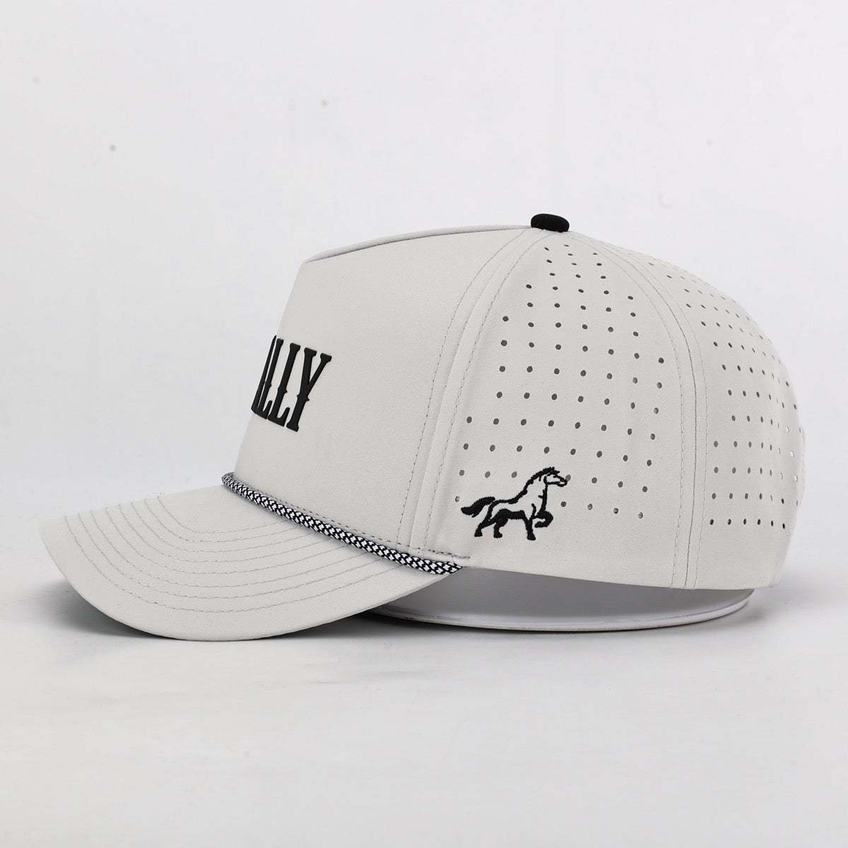 White cap with black text and horse icon on a light gray background