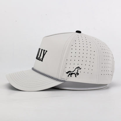 White cap with black text and horse icon on a light gray background