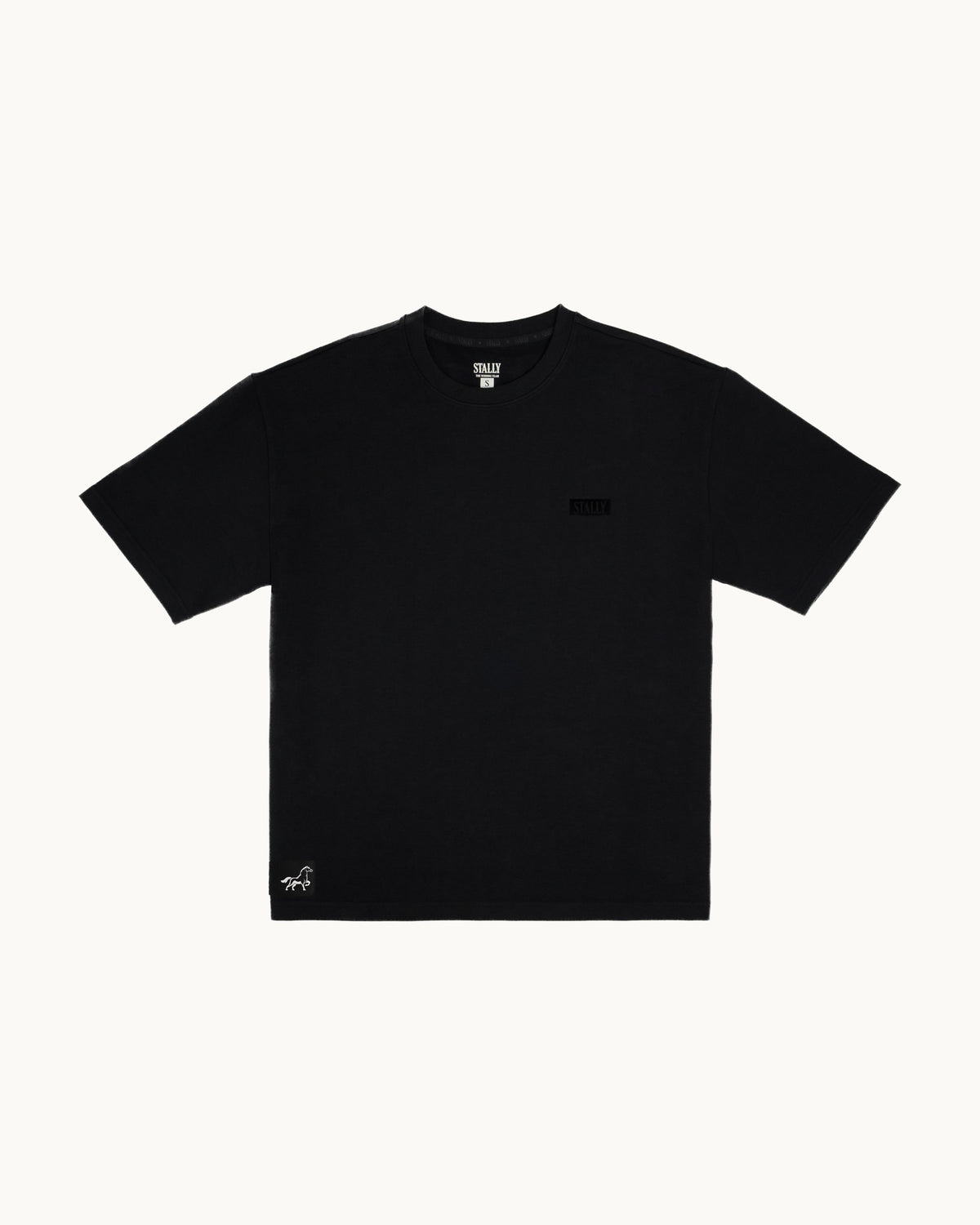 Horsepower Mens Boxy Tee in Coal Black, flat lay showing the boxy fit