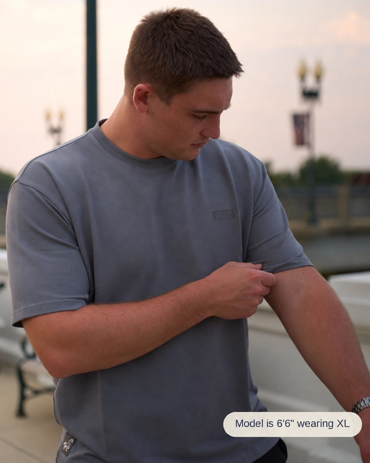 Horsepower Mens Boxy Tee in Iron, close-up view