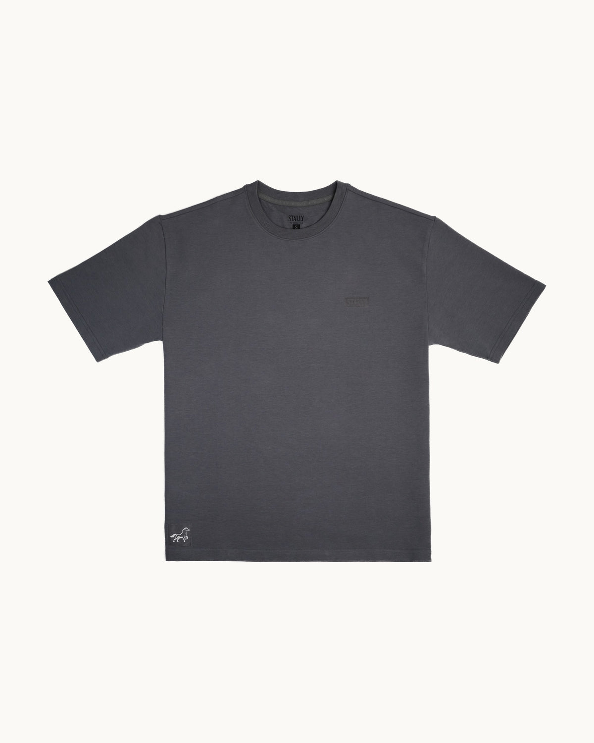 Horsepower Mens Boxy Tee in Iron, flat lay showing the boxy fit