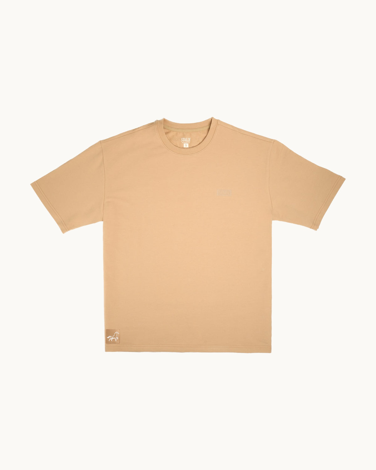 Horsepower Mens Boxy Tee in Saddlewood, flat lay showing the boxy fit