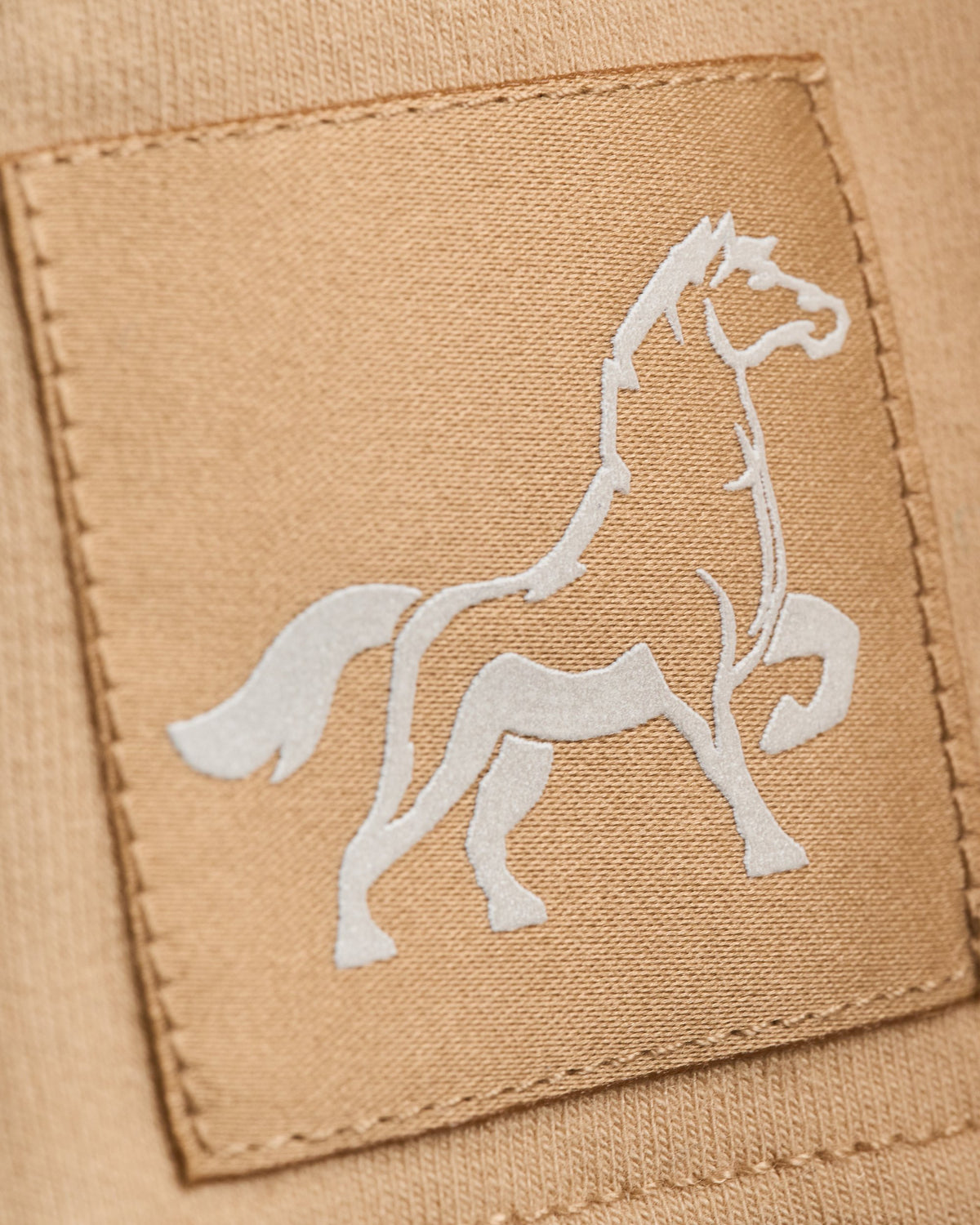 Horsepower Mens Boxy Tee in Saddlewood, woven Stally horse patch at the hem
