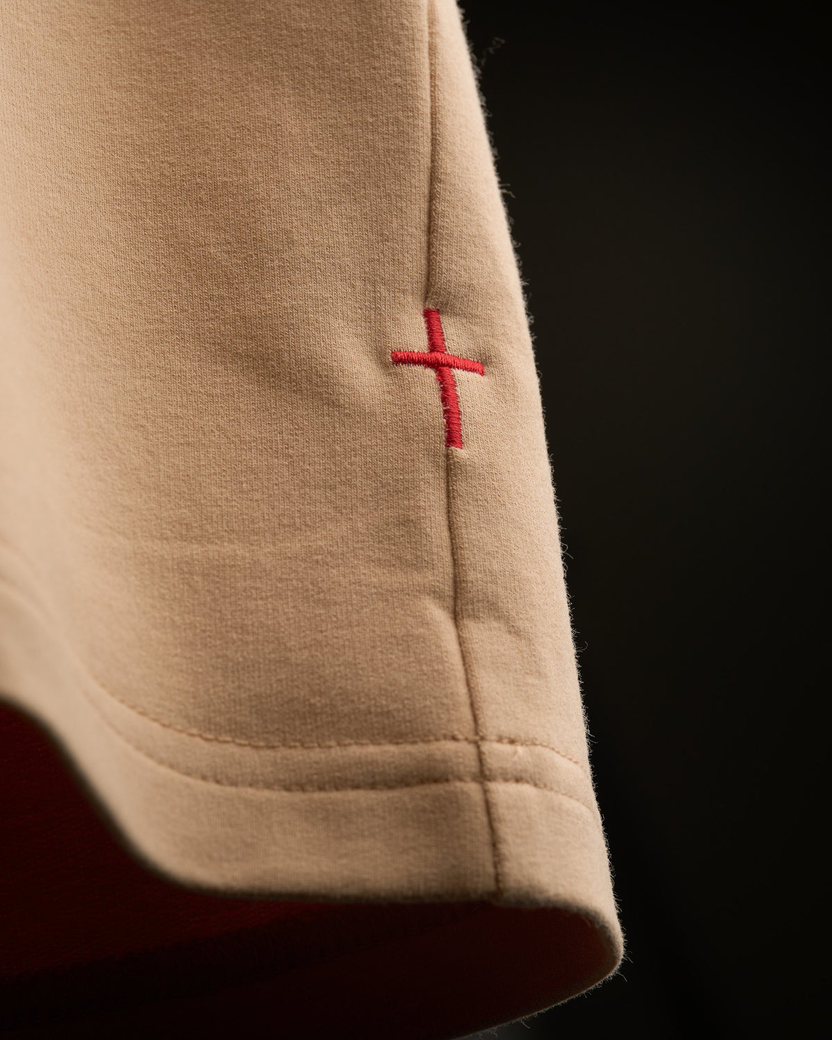 Horsepower Mens Boxy Tee in Saddlewood, embroidered red satin cross at the side seam