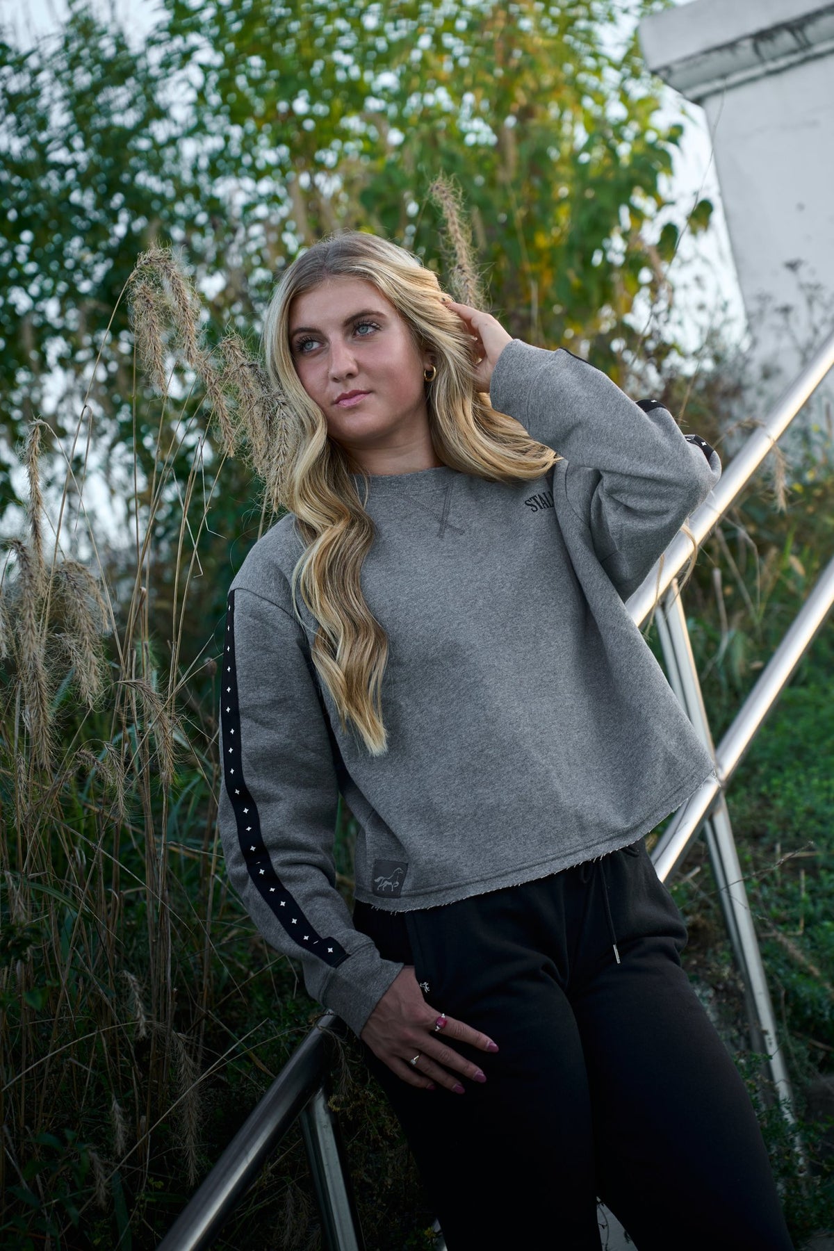 STALLY Range Womens Boxy Crew in Grey Heather with Range Womens Straight Leg in Coal Black