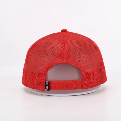 Red mesh cap with a visible brand logo on a white background