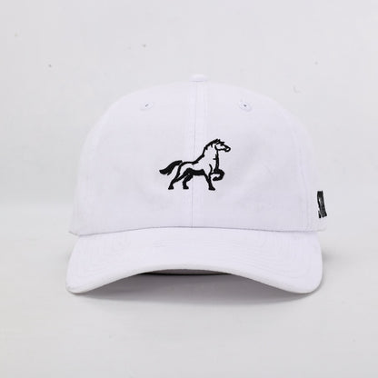 White cap with a black horse emblem on a light gray background