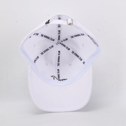 White cap with black text and logo on a light gray background