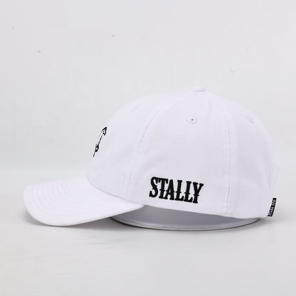 White cap with 'STALLY' branding on a light gray background