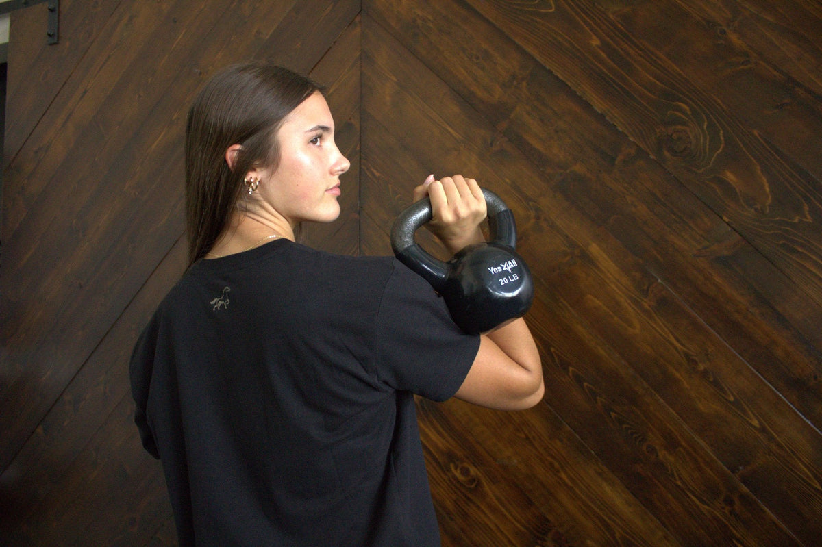 Stally Workhorse Performance Tee in Coal Black worn during kettlebell training