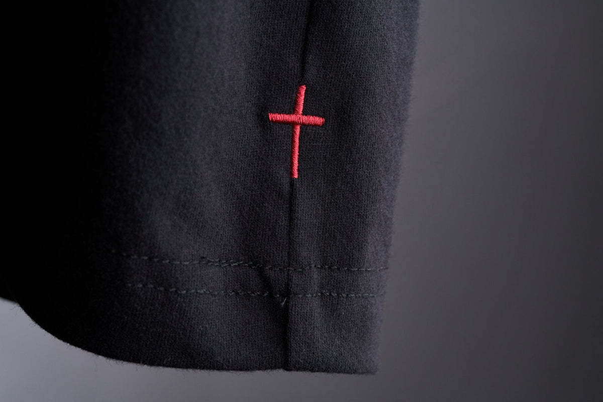 Coal Black Workhorse Performance Tee red embroidered cross sleeve detail