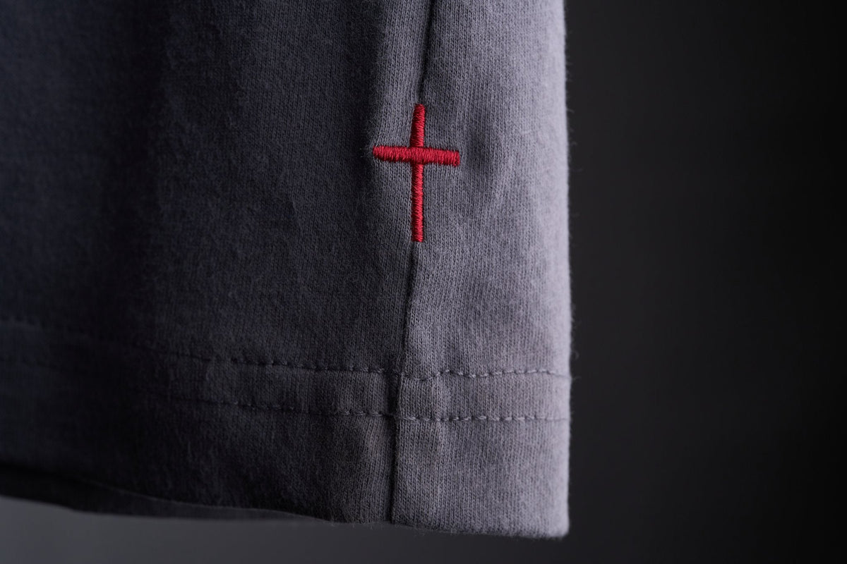 Iron gray Workhorse Performance Tee red embroidered cross sleeve detail