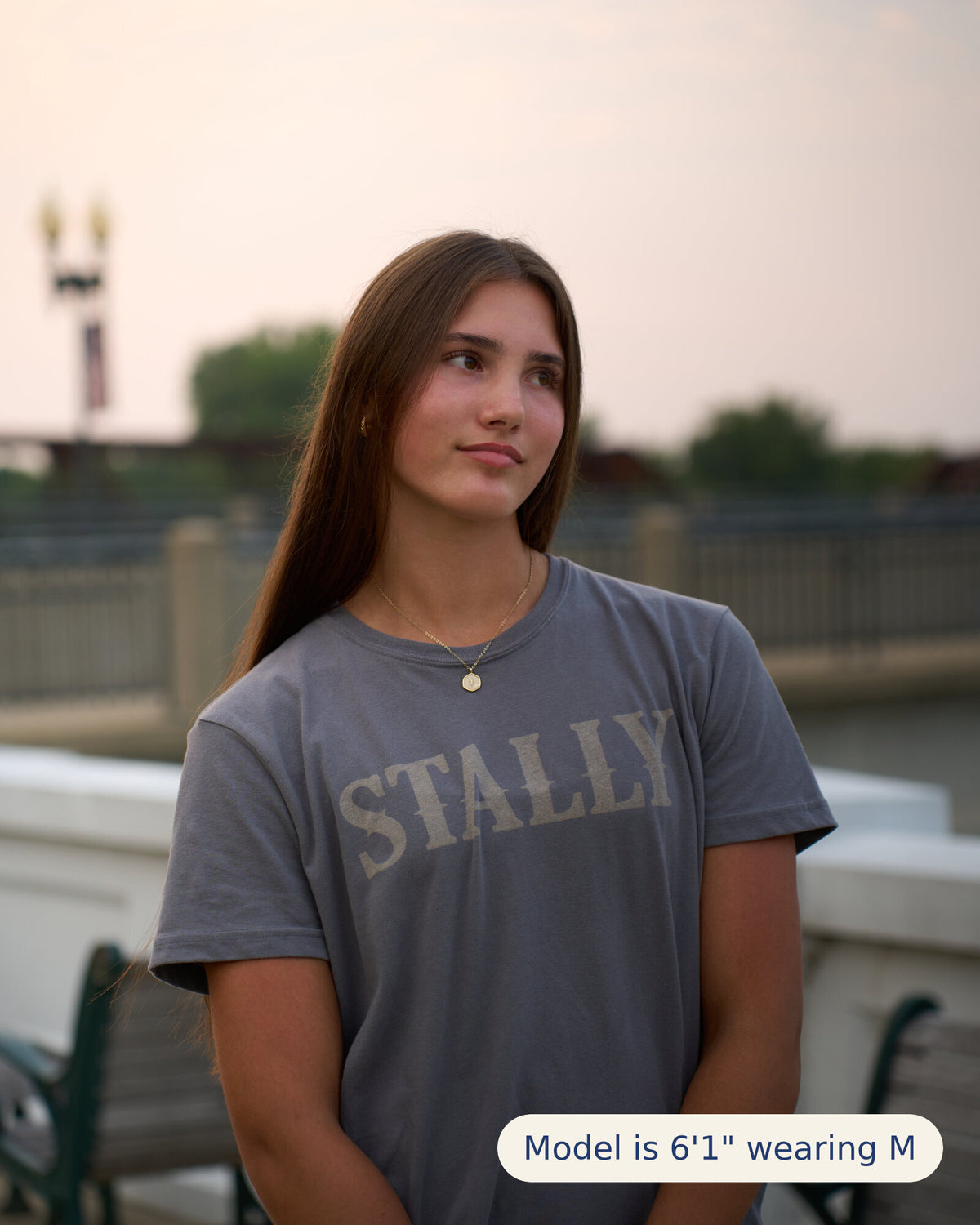 Stally Workhorse Performance Tee in Iron worn on the riverfront