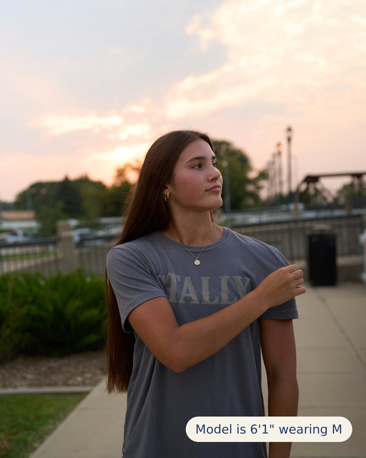 Stally Workhorse Performance Tee in Iron worn walking outdoors at sunset