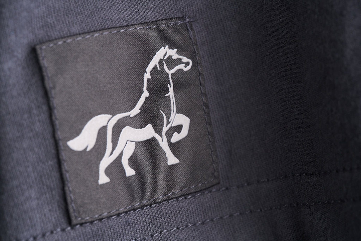Iron gray Workhorse Performance Tee with Stally horse patch detail